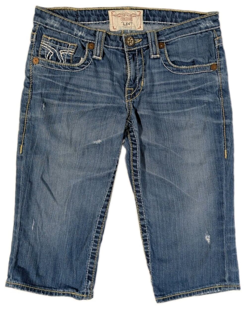 Big Star Liv Womens Size 29 Cropped Jeans Capris Distressed Thick Stitch Blue